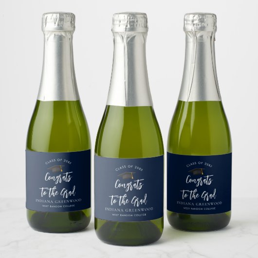 Afstuderen 2025 Script Navy Blauwe Sparkling Wijnetiket (Flessen)