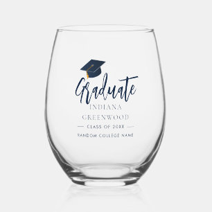 Afstuderen 2025 Script Navy Blue gepersonaliseerd Wijnglas Zonder Voet