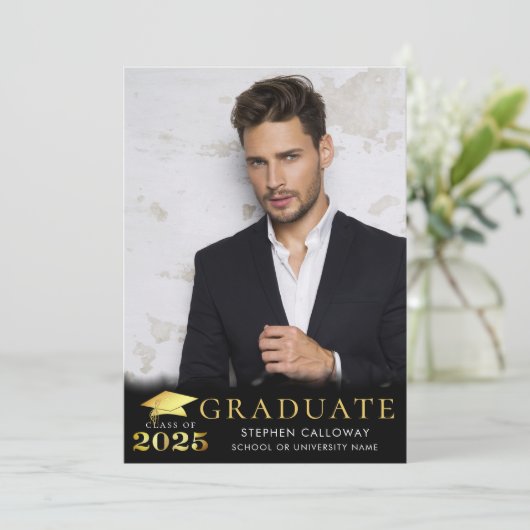 Afstuderen 2025 Zwart Faux Metallic Gold 2 Foto's Aankondiging (Staand voorkant)