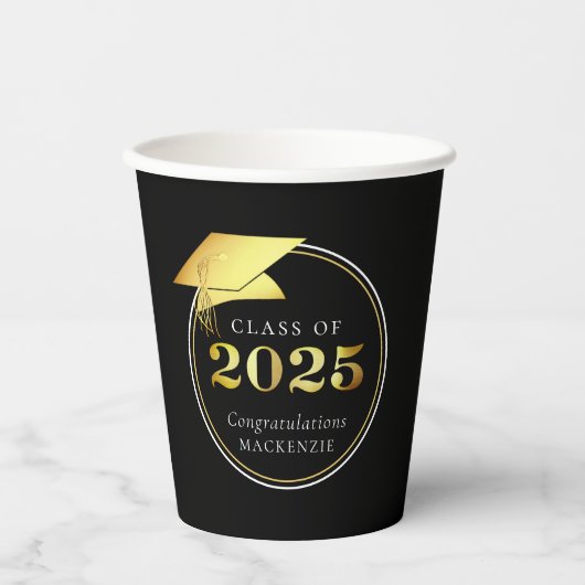 Afstuderen 2025 Zwart Faux Metallic Goud Papieren Bekers (Voorkant)