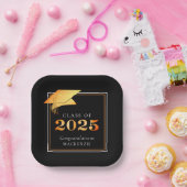 Afstuderen 2025 Zwart Faux Metallic Sinaasappel Papieren Bordje (Feest)