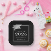 Afstuderen 2025 Zwart Faux Metallic Zilver Papieren Bordje (Feest)