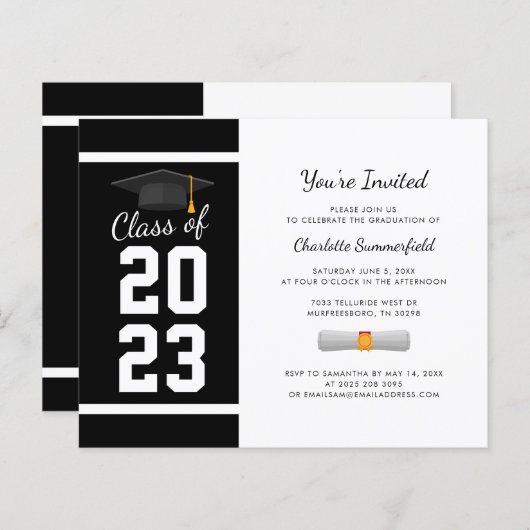 Afstuderen 2025 Zwart Wit Afstudeerder Uitnodiging (Voorkant / Achterkant)