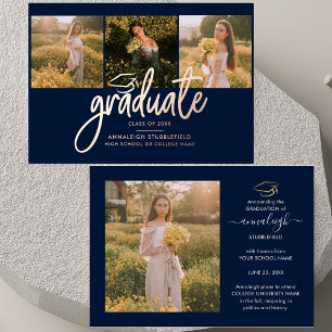 Afstuderen 2026 Foto Collage Grad Roze Goud Folie Uitnodiging