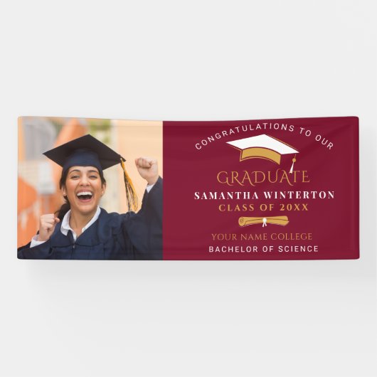 Afstuderen 2026 Foto Grad Cap Bordeaux Spandoek (Horizontaal)