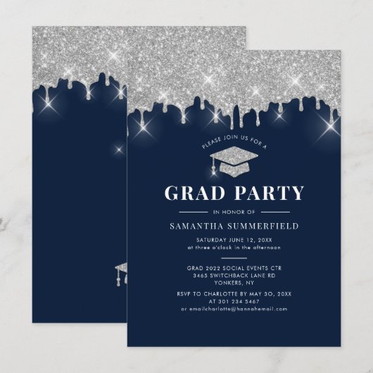Afstuderen 2026 Glitter Afstudeerfeest Navyblauw F Kaart (Voorkant / Achterkant)