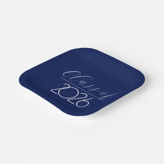 Afstuderen 2026 Navy Blauw en Wit Papieren Bordje (Gebogen)