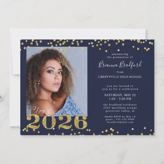 Afstuderen 2026 Navy Blauwe Gouden Glitters Kaart (Voorkant)