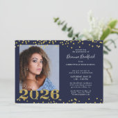 Afstuderen 2026 Navy Blauwe Gouden Glitters Kaart (Staand voorkant)