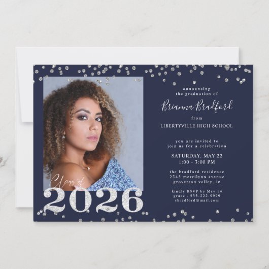 Afstuderen 2026 Navy Blauwe Zilveren Glitters Kaart (Voorkant)