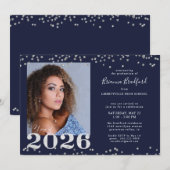 Afstuderen 2026 Navy Blauwe Zilveren Glitters Kaart (Voorkant / Achterkant)
