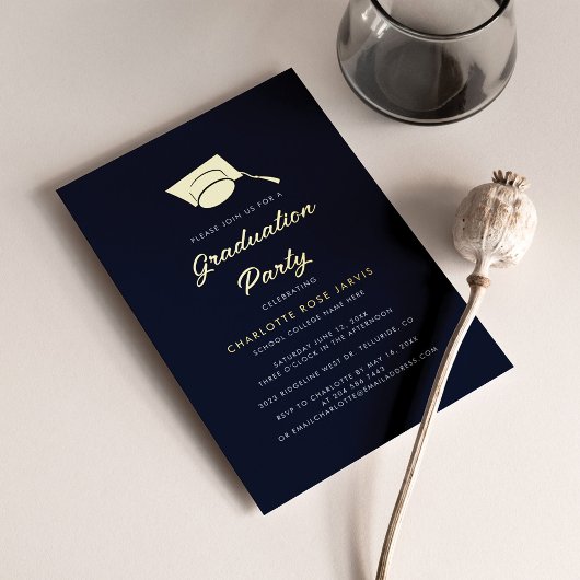 Afstuderen 2026 Script Navy Blauwe Afstudeerfeest  Folie Uitnodiging