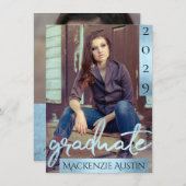 Afstuderen 2 foto | Blue Script Cool Brush Keepsak Kaart (Voorkant / Achterkant)