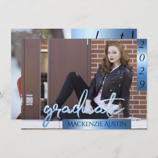 Afstuderen 2 foto | Blue Script Cool Brush Keepsak Kaart (Voorkant / Achterkant)