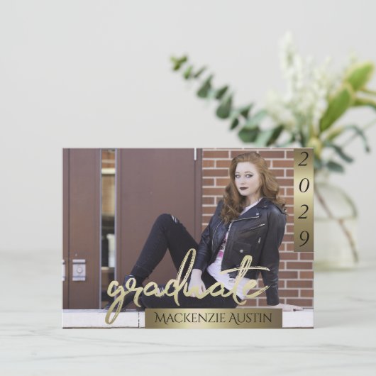 Afstuderen 2 foto | Gouden Script Elegant Afstudee Kaart (Staand voorkant)
