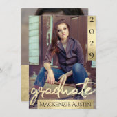 Afstuderen 2 foto | Gouden Script Elegant Afstudee Kaart (Voorkant / Achterkant)
