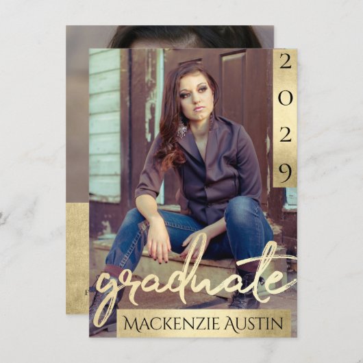 Afstuderen 2 foto | Gouden Script Elegant Afstudee Kaart (Voorkant / Achterkant)