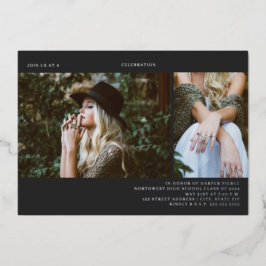 Afstuderen 2 Foto lijn Dark Grey Folie Uitnodiging (Voorkant)