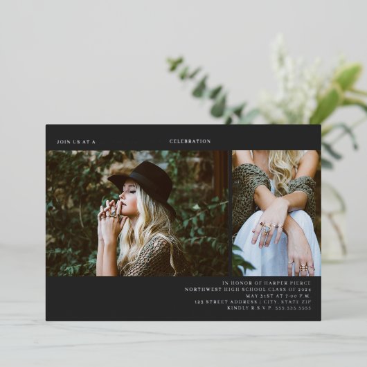 Afstuderen 2 Foto lijn Dark Grey Folie Uitnodiging (Staand Voorkant)