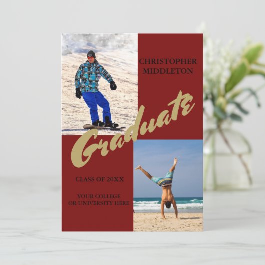 Afstuderen 2 Foto Man Modern Maroon Celebration Kaart (Staand voorkant)