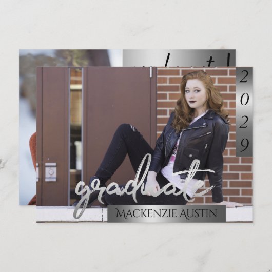 Afstuderen 2 foto | Silver Script Brush-Afstuderen Kaart (Voorkant / Achterkant)