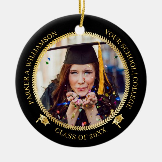 Afstuderen 2 Foto zwart |Pet van goudAfstudeerder Keramisch Ornament (Voorkant)