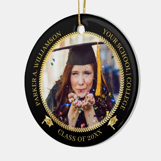 Afstuderen 2 Foto zwart |Pet van goudAfstudeerder Keramisch Ornament (Links)