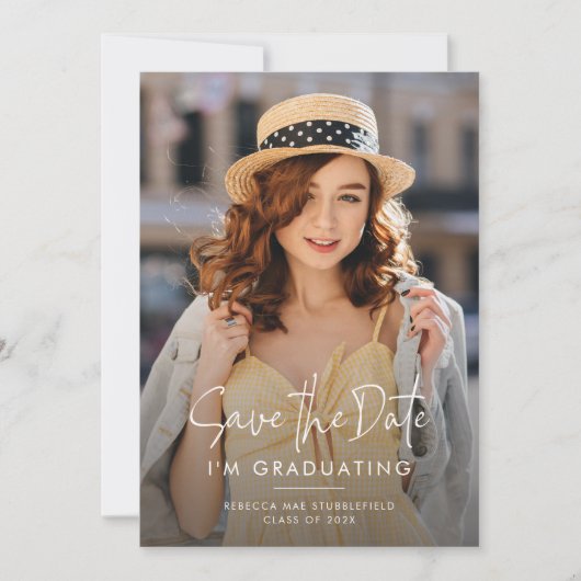 Afstuderen 2 foto's Bewaar de datum Party Aankondiging (Voorkant)