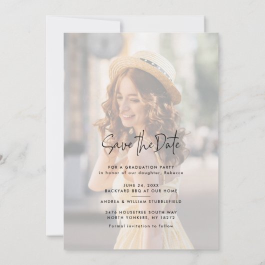 Afstuderen 2 foto's Bewaar de datum Party Aankondiging (Achterkant)