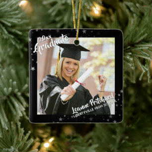 Afstuderen 2-foto's bewerkbaar zwart & sterren keramisch ornament