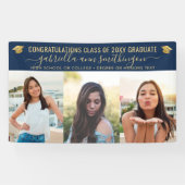 Afstuderen 3 Foto Blue en Gold Cute Elegant Spandoek (Horizontaal)