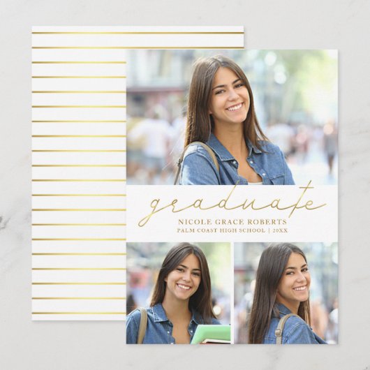 Afstuderen 3-foto Collage Gemakkelijk Gold Script  Aankondiging (Voorkant / Achterkant)