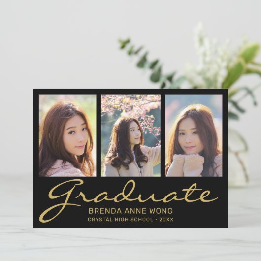 Afstuderen 3 Foto Collage Gold Typografie Script Aankondiging (Staand voorkant)