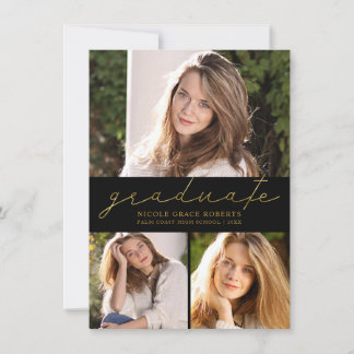 Afstuderen 3-Foto Collage Modern Gold Script Aankondiging