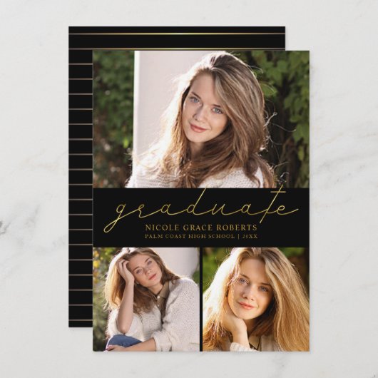 Afstuderen 3-Foto Collage Modern Gold Script Aankondiging (Voorkant / Achterkant)
