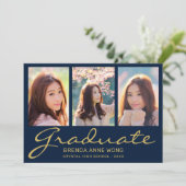 Afstuderen 3 Foto Collage Modern Gold Script Blue Aankondiging (Staand voorkant)