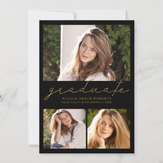 Afstuderen 3-foto Collage Preppy Gold Script Aankondiging