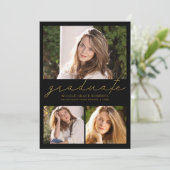 Afstuderen 3-foto Collage Preppy Gold Script Aankondiging (Staand voorkant)