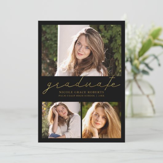 Afstuderen 3-foto Collage Preppy Gold Script Aankondiging (Staand voorkant)