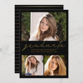 Afstuderen 3-foto Collage Preppy Gold Script Aankondiging (Voorkant / Achterkant)