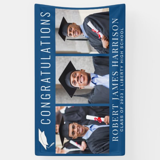 Afstuderen 3 Foto gefeliciteerd blauw Spandoek (Verticaal)