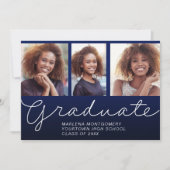 Afstuderen 3 Foto legant Script Party Navy Blue Kaart (Voorkant)