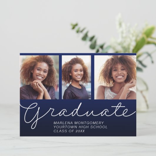 Afstuderen 3 Foto legant Script Party Navy Blue Kaart (Staand voorkant)