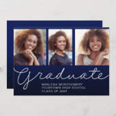 Afstuderen 3 Foto legant Script Party Navy Blue Kaart (Voorkant / Achterkant)