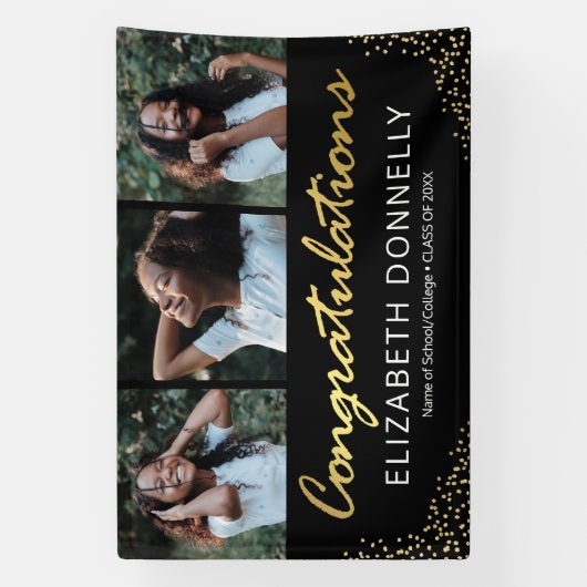 Afstuderen 3 Foto Modern Black Gold Banner (Verticaal)