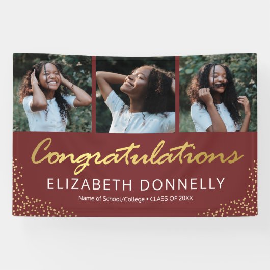 Afstuderen 3 Foto Modern Burgundy Gold Banner (Horizontaal)
