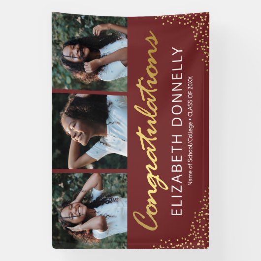 Afstuderen 3 Foto Modern Burgundy Gold Banner (Verticaal)
