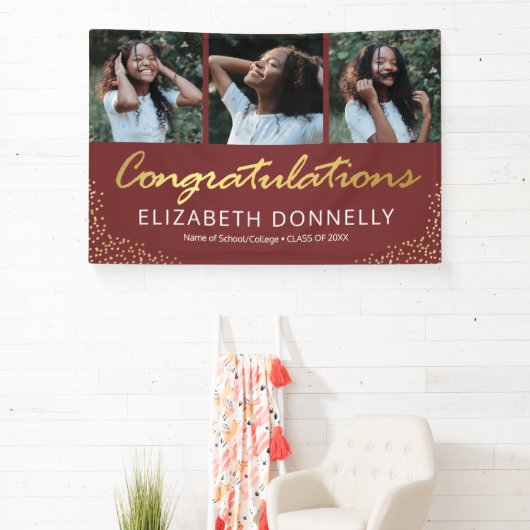 Afstuderen 3 Foto Modern Burgundy Gold Banner (Insitu)