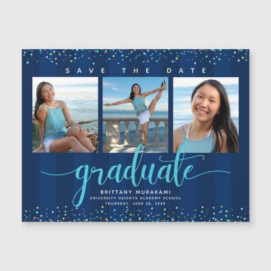 Afstuderen 3 Foto Navy Blue Save the Date Modern Magnetische Uitnodiging (Voorkant)