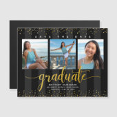 Afstuderen 3 Foto Zwart Goud Save the Date Modern Magnetische Uitnodiging (Voorkant / Achterkant)